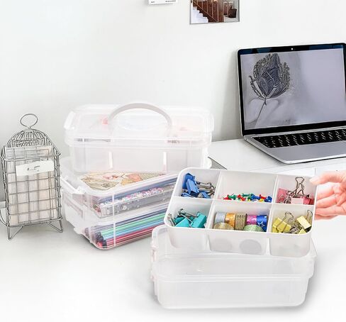 Foraineam 4-Tier Clear Storage Bins With 2 Divided Trays, Stackable Carry Storage Box Container, Plastic Lidded Organizer Case With Handle for Beads, Tools, Arts & Crafts, Sewing, Office Supplies in Kuwait