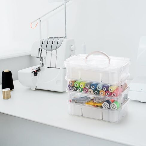 Foraineam 4-Tier Clear Storage Bins With 2 Divided Trays, Stackable Carry Storage Box Container, Plastic Lidded Organizer Case With Handle for Beads, Tools, Arts & Crafts, Sewing, Office Supplies in Kuwait