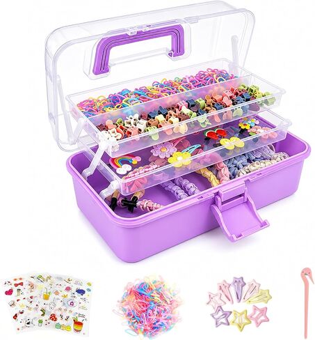 Hair Accessories Organizer for Girls, 3 Tier Hair Supplies Storage Box with Handle, Plastic Craft Organizer Case for Hair Ties, Clips, Hair Bows, Brushes, Sewing, Art Supplies (Purple) in Kuwait