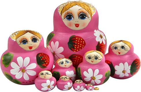Winterworm Pink Girl Russian Nesting Dolls Set of 10 Wooden Big Belly Shape Girl with Strawberries and Flowers Handmade Matryoshka Doll Kids Toy Christmas Birthday Home Decoration Girls Gift in Kuwait