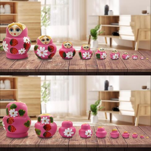 Winterworm Pink Girl Russian Nesting Dolls Set of 10 Wooden Big Belly Shape Girl with Strawberries and Flowers Handmade Matryoshka Doll Kids Toy Christmas Birthday Home Decoration Girls Gift in Kuwait