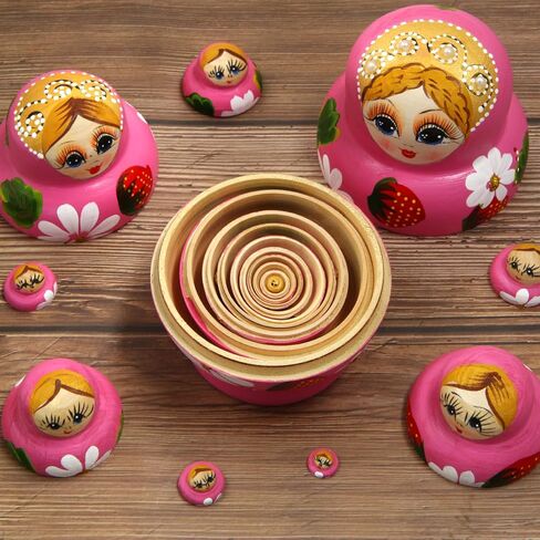 Winterworm Pink Girl Russian Nesting Dolls Set of 10 Wooden Big Belly Shape Girl with Strawberries and Flowers Handmade Matryoshka Doll Kids Toy Christmas Birthday Home Decoration Girls Gift in Kuwait