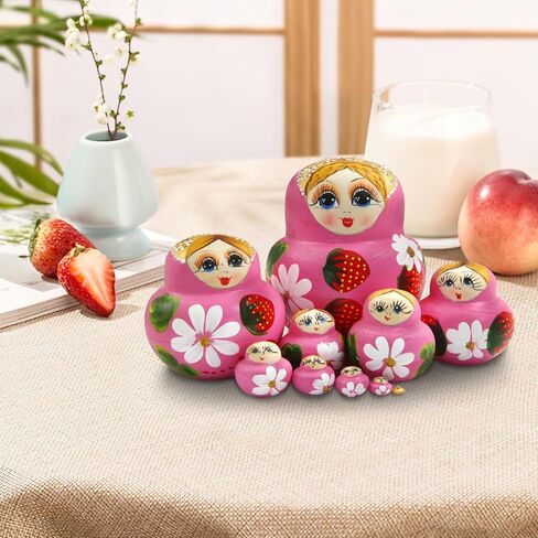 Winterworm Pink Girl Russian Nesting Dolls Set of 10 Wooden Big Belly Shape Girl with Strawberries and Flowers Handmade Matryoshka Doll Kids Toy Christmas Birthday Home Decoration Girls Gift in Kuwait