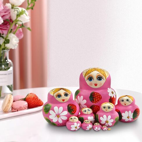 Winterworm Pink Girl Russian Nesting Dolls Set of 10 Wooden Big Belly Shape Girl with Strawberries and Flowers Handmade Matryoshka Doll Kids Toy Christmas Birthday Home Decoration Girls Gift in Kuwait