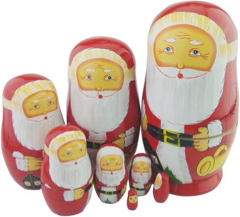 Winterworm 8pcs Cutie Lovely Red Santa Claus WIthink White Big Beard Nesting Dolls Matryoshka Russian Doll Popular Handmade Kids Girl Toy in Kuwait