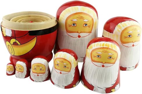 Winterworm 8pcs Cutie Lovely Red Santa Claus WIthink White Big Beard Nesting Dolls Matryoshka Russian Doll Popular Handmade Kids Girl Toy in Kuwait