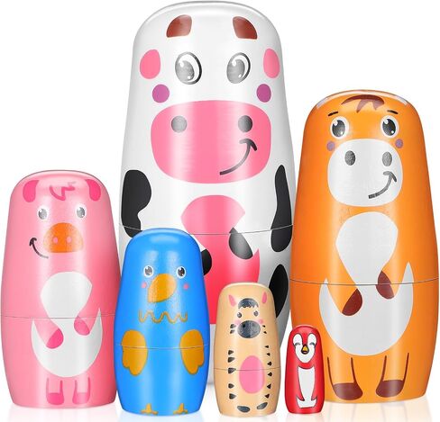TOYANDONA Russian Nesting Dolls - Set of 6 Handmade Animal Nesting Dolls Wooden Stacking Matryoshka Dolls for Kids Birthday Christmas Home Decoration in Kuwait