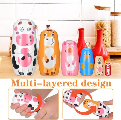 TOYANDONA Russian Nesting Dolls - Set of 6 Handmade Animal Nesting Dolls Wooden Stacking Matryoshka Dolls for Kids Birthday Christmas Home Decoration in Kuwait