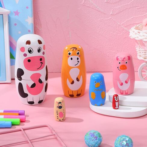 TOYANDONA Russian Nesting Dolls - Set of 6 Handmade Animal Nesting Dolls Wooden Stacking Matryoshka Dolls for Kids Birthday Christmas Home Decoration in Kuwait