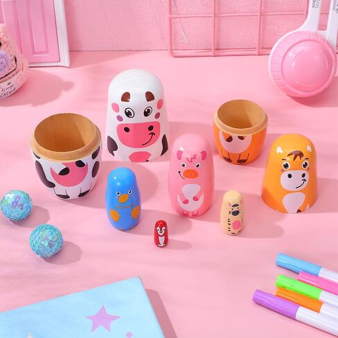 TOYANDONA Russian Nesting Dolls - Set of 6 Handmade Animal Nesting Dolls Wooden Stacking Matryoshka Dolls for Kids Birthday Christmas Home Decoration in Kuwait