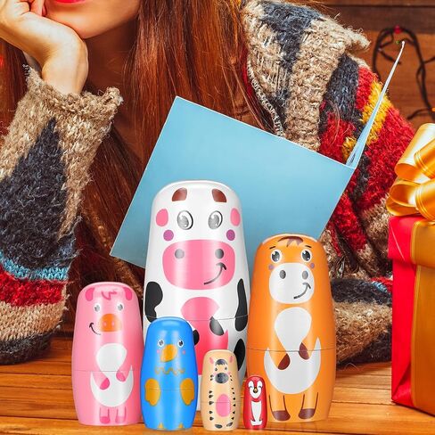 TOYANDONA Russian Nesting Dolls - Set of 6 Handmade Animal Nesting Dolls Wooden Stacking Matryoshka Dolls for Kids Birthday Christmas Home Decoration in Kuwait