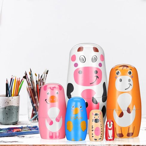 TOYANDONA Russian Nesting Dolls - Set of 6 Handmade Animal Nesting Dolls Wooden Stacking Matryoshka Dolls for Kids Birthday Christmas Home Decoration in Kuwait