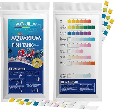 Aquarium Test Kit 9 in 1, 25 Count Strips for Fish Tanks and Ponds, Testing pH Alkalinity Hardness Chlorine Nitrite Sulfate Copper Iron Ammonia in Kuwait