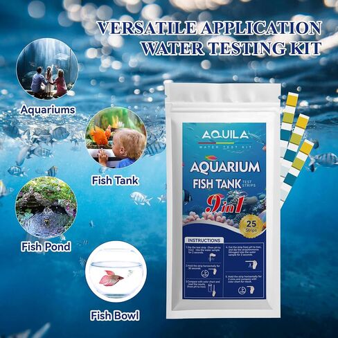 Aquarium Test Kit 9 in 1, 25 Count Strips for Fish Tanks and Ponds, Testing pH Alkalinity Hardness Chlorine Nitrite Sulfate Copper Iron Ammonia in Kuwait
