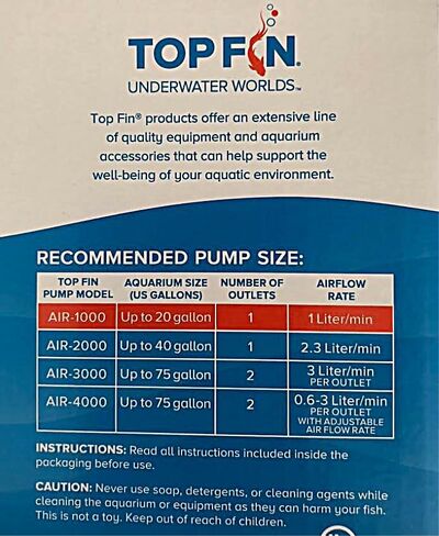 Top Fin Aquarium Air-1000 Pump. Ideal for Up to 20 Gallon Aquariums. in Kuwait