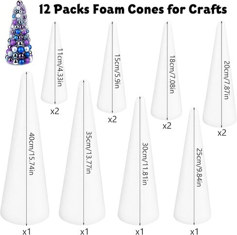 DIYASY 12 Pcs Foam Cones for DIY Crafts, White Polystyrene Christmas Tree Foam Cones Arts and Craft Supplies for DIY Home Craft Project Table Centerpiece Assorted Size in Kuwait