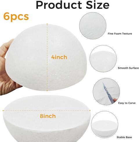 8 Inch Craft Foam Half Sphere, 6 Pack White Half Foam Balls for DIY Crafts in Kuwait