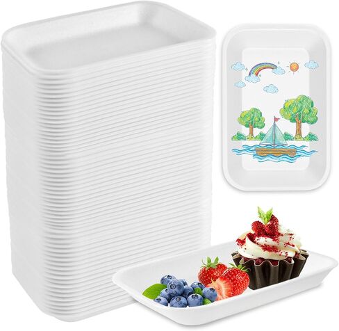 Akamino 60pcs Crafts Foam Trays, Rectangle Fruit BBQ Roast Meat Food Tray,Disposable Foam Plates for Supermarket, DIY, Printmaking, Graffiti Painting, Drawing -7.9 x 5.1 x 1 in in Saudi Arabia