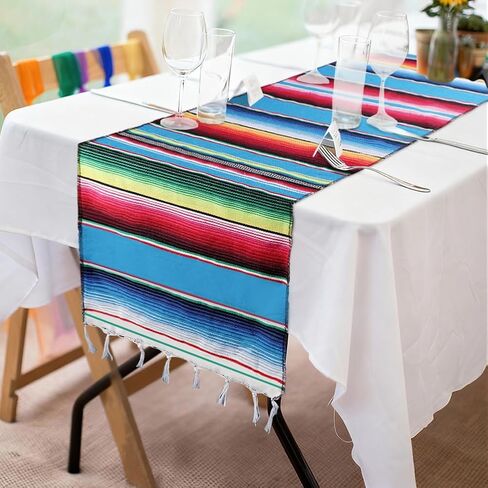 Fowecelt Mexican Serape Table Runner 14 x 84 Inch Hand-Woven Blanket Colorful Striped Mexican Table Runner Mexican Party Wedding Decorations, Fringe Cotton Table Runner in Kuwait
