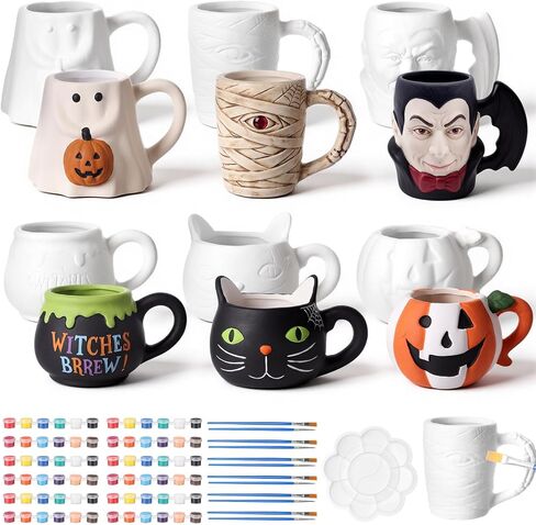 Vesici 6 Pack Halloween Ceramics to Paint, Pumpkin Mugs with Painting Kit in Kuwait