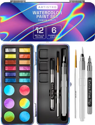ARTISTRO Metallic Watercolor Paint Set with Palette & Brush Pens - 18 Color in Kuwait