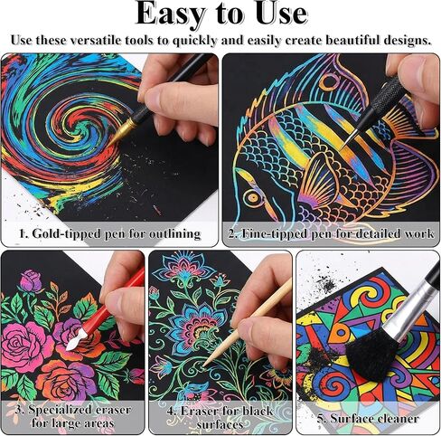 9 PCS Scratch Art Tools, Scratching Painting Art Set Tools: Including Tool Bag, Scratch Coloring Pens, Plastic and Wooden Stylus, Scraper, Clean Brush for Adults Painting Scratch Art in Kuwait