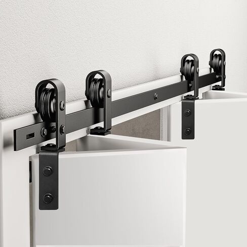 65" Bifold Barn Door Hardware Kit for 4 Doors, Black Track and Top Mounted Heavy Duty Roller Bi-Folding Sliding Barn Door Hardware Kit, Fit Door Width 4X16 (T Shape, 65" for 4 Doors) in Kuwait