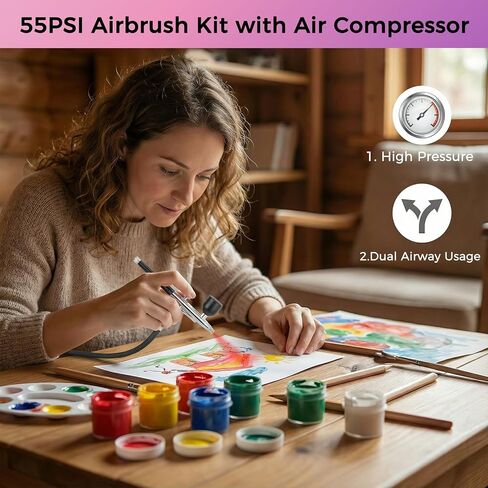 55 PSI Airbrush Kit with Air Compressor, Switchable Single/Dual Airflow, High Pressure Air Brush Gun with 0.2/0.3/0.5mm Nozzles & Cleaning Sets for Painting, Modeling, Cake Decor, Makeup, Nails Art in Kuwait