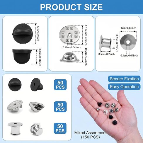 150Pcs 3-Style Pin Backs Set - Locking, Rubber & Metal Clasps for Uniforms in Kuwait