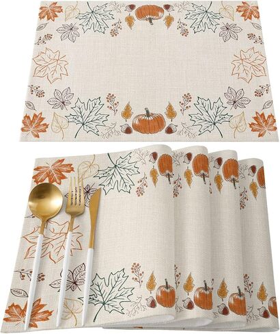 Fall Placemats Set of 4 Pumpkin Pine Cones Maple Leaf Autumn Leaves Thanksgiving Place Mats for Dining Room Dinner Table Washable Table Mats Kitchen Party Decorations in Kuwait