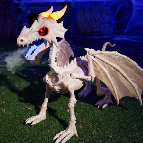 JOYIN Dragon Skeleton Halloween Decoration, 23.6" Roaring Mist-Spraying Dragon with Wings, LED, Posable Joints, Sound Motion Activated Animal Skeleton Animatronic for Haunted House (Battery Operated) in Kuwait