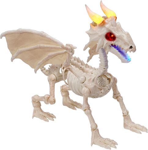 JOYIN Dragon Skeleton Halloween Decoration, 23.6" Roaring Mist-Spraying Dragon with Wings, LED, Posable Joints, Sound Motion Activated Animal Skeleton Animatronic for Haunted House (Battery Operated) in Kuwait