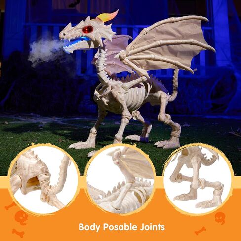 JOYIN Dragon Skeleton Halloween Decoration, 23.6" Roaring Mist-Spraying Dragon with Wings, LED, Posable Joints, Sound Motion Activated Animal Skeleton Animatronic for Haunted House (Battery Operated) in Kuwait