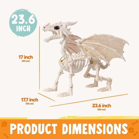 JOYIN Dragon Skeleton Halloween Decoration, 23.6" Roaring Mist-Spraying Dragon with Wings, LED, Posable Joints, Sound Motion Activated Animal Skeleton Animatronic for Haunted House (Battery Operated) in Kuwait