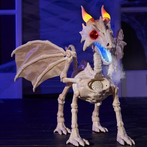 JOYIN Dragon Skeleton Halloween Decoration, 23.6" Roaring Mist-Spraying Dragon with Wings, LED, Posable Joints, Sound Motion Activated Animal Skeleton Animatronic for Haunted House (Battery Operated) in Kuwait
