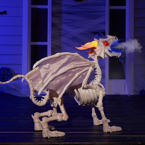 JOYIN Dragon Skeleton Halloween Decoration, 23.6" Roaring Mist-Spraying Dragon with Wings, LED, Posable Joints, Sound Motion Activated Animal Skeleton Animatronic for Haunted House (Battery Operated) in Kuwait