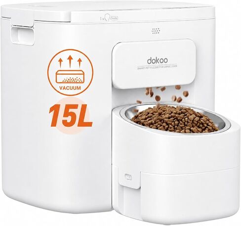 Dokoo Automatic Dog Feeder for Large Breeds, 15L/63 Cups Vacuum-Sealed Airtight Auto Pet Feeder for Dry Food, Timed Feeding, Anti-Clog Dispenser 2-22mm Kibble, Voice Recorder, Stainless Steel Bowl in Kuwait