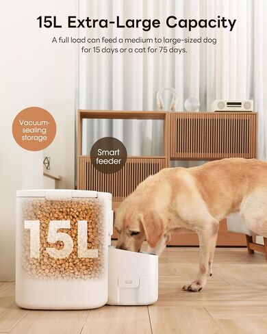 Dokoo Automatic Dog Feeder for Large Breeds, 15L/63 Cups Vacuum-Sealed Airtight Auto Pet Feeder for Dry Food, Timed Feeding, Anti-Clog Dispenser 2-22mm Kibble, Voice Recorder, Stainless Steel Bowl in Kuwait