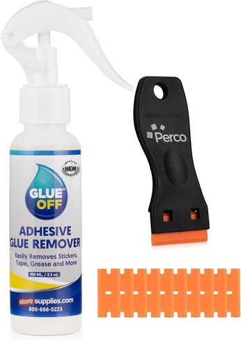 Perco Glue Off Adhesive Remover - New Stronger Formula! - 3.3 oz with Scraper & Plastic Razor | Glue Remover Spray Effortlessly Erase Adhesive Hassles & Car Stickers - for Label Sticker Residue in Kuwait