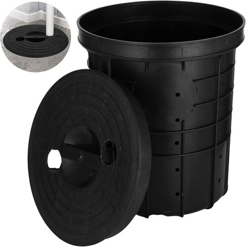 Perforated Sump Pump Basin with Lid, Black Pit Liner 13 x 11 x 15 in, Drainage Bucket with 40 Pre-Drilled Holes, 1.8 in Lid Openings for Basement Crawl Space Courtyard Driveway in Kuwait