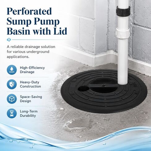 Perforated Sump Pump Basin with Lid, Black Pit Liner 13 x 11 x 15 in, Drainage Bucket with 40 Pre-Drilled Holes, 1.8 in Lid Openings for Basement Crawl Space Courtyard Driveway in Kuwait