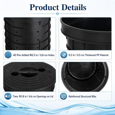 Perforated Sump Pump Basin with Lid, Black Pit Liner 13 x 11 x 15 in, Drainage Bucket with 40 Pre-Drilled Holes, 1.8 in Lid Openings for Basement Crawl Space Courtyard Driveway in Kuwait