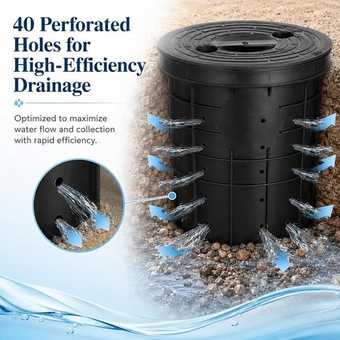 Perforated Sump Pump Basin with Lid, Black Pit Liner 13 x 11 x 15 in, Drainage Bucket with 40 Pre-Drilled Holes, 1.8 in Lid Openings for Basement Crawl Space Courtyard Driveway in Kuwait