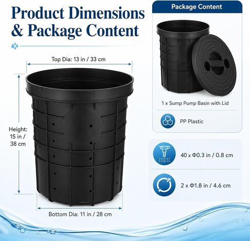 Perforated Sump Pump Basin with Lid, Black Pit Liner 13 x 11 x 15 in, Drainage Bucket with 40 Pre-Drilled Holes, 1.8 in Lid Openings for Basement Crawl Space Courtyard Driveway in Kuwait