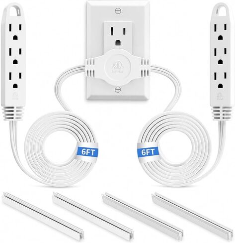 K KASONIC 3 Prong 12 Feet Twin Cable Power Strip، 6 أقدام على كل جانب، قابس مخرج رأس مسطح، 6 منافذ، مقسم سلك تمديد مزدوج للاستخدام الداخلي، قائمة ETL، أبيض in Kuwait