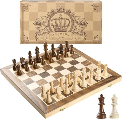 AMEROUS 15 Inches Magnetic Wooden Chess Set - 2 Extra Queens - Folding Board - Pieces Storage Slots, Handmade Portable Travel Chess Game - Beginner Chess Set for Kids, 6 up Age in Saudi Arabia