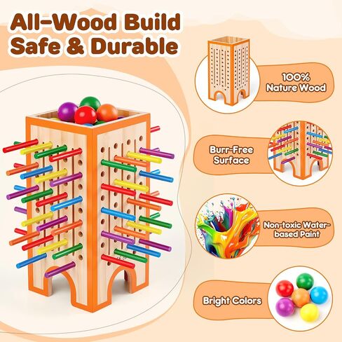 Montessori Board Game for Kids 4-6, 42 Colorful Wooden Sticks Dice Game with 12 Balls, Math & Counting Educational Toy for 3 4 5 6 Year Olds, Fine Motor Skills, Classic Table Game for Family Night in Kuwait