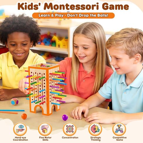 Montessori Board Game for Kids 4-6, 42 Colorful Wooden Sticks Dice Game with 12 Balls, Math & Counting Educational Toy for 3 4 5 6 Year Olds, Fine Motor Skills, Classic Table Game for Family Night in Kuwait