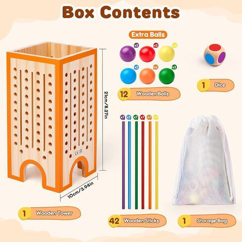 Montessori Board Game for Kids 4-6, 42 Colorful Wooden Sticks Dice Game with 12 Balls, Math & Counting Educational Toy for 3 4 5 6 Year Olds, Fine Motor Skills, Classic Table Game for Family Night in Kuwait