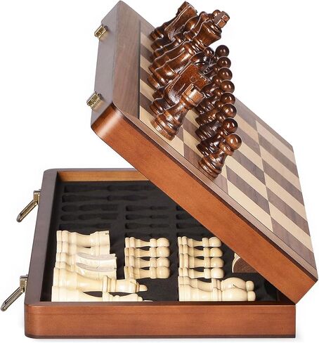 ELONGDI 15" Wooden Chess Set with Magnetic Pieces - Extra Queens - Folding Chessboard Portable Travel Tournament Chess Board Games for Adults Kids in Saudi Arabia